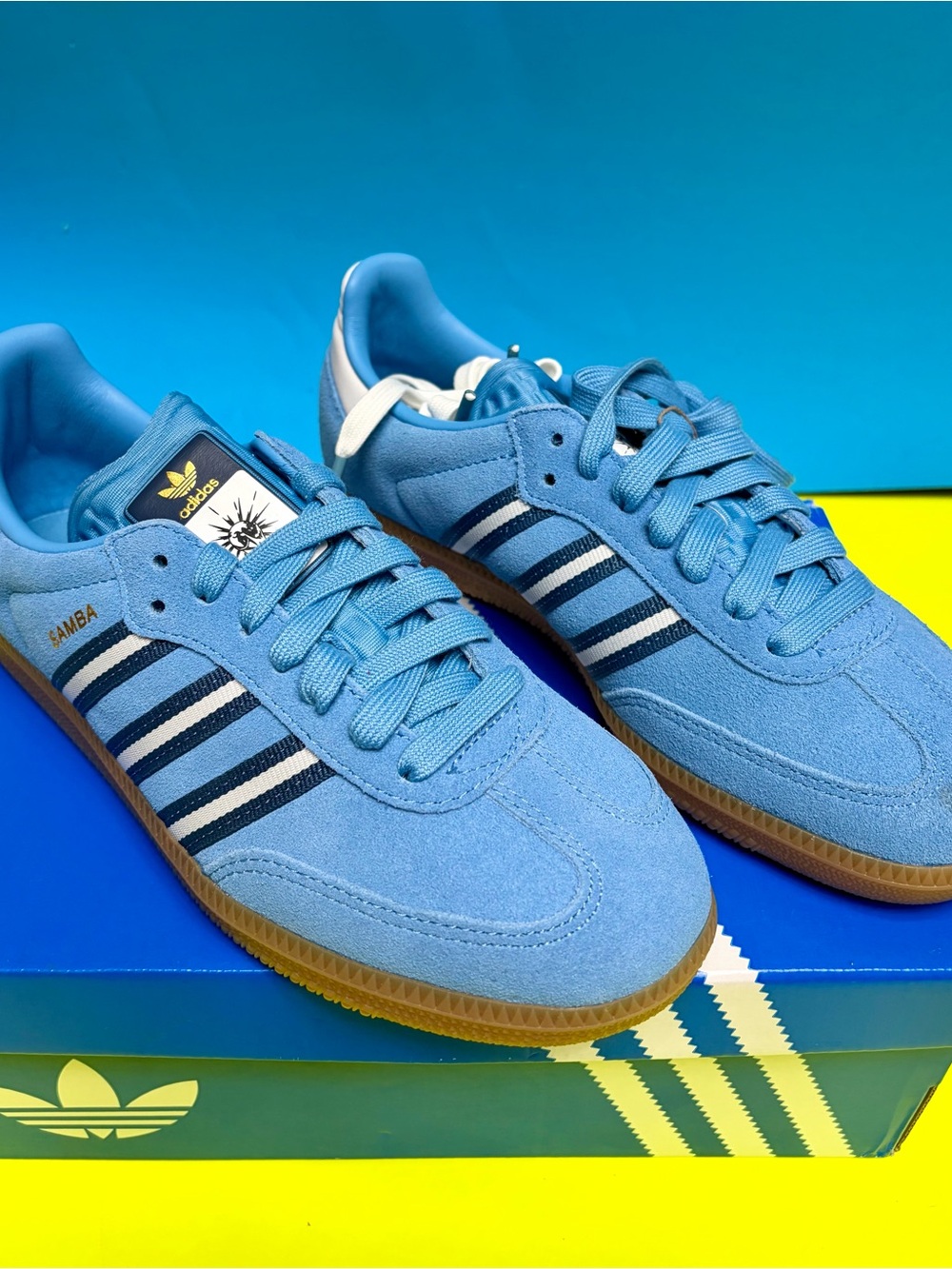 adidas Samba Suede Sneakers in Light Blue with Navy & White Stripes